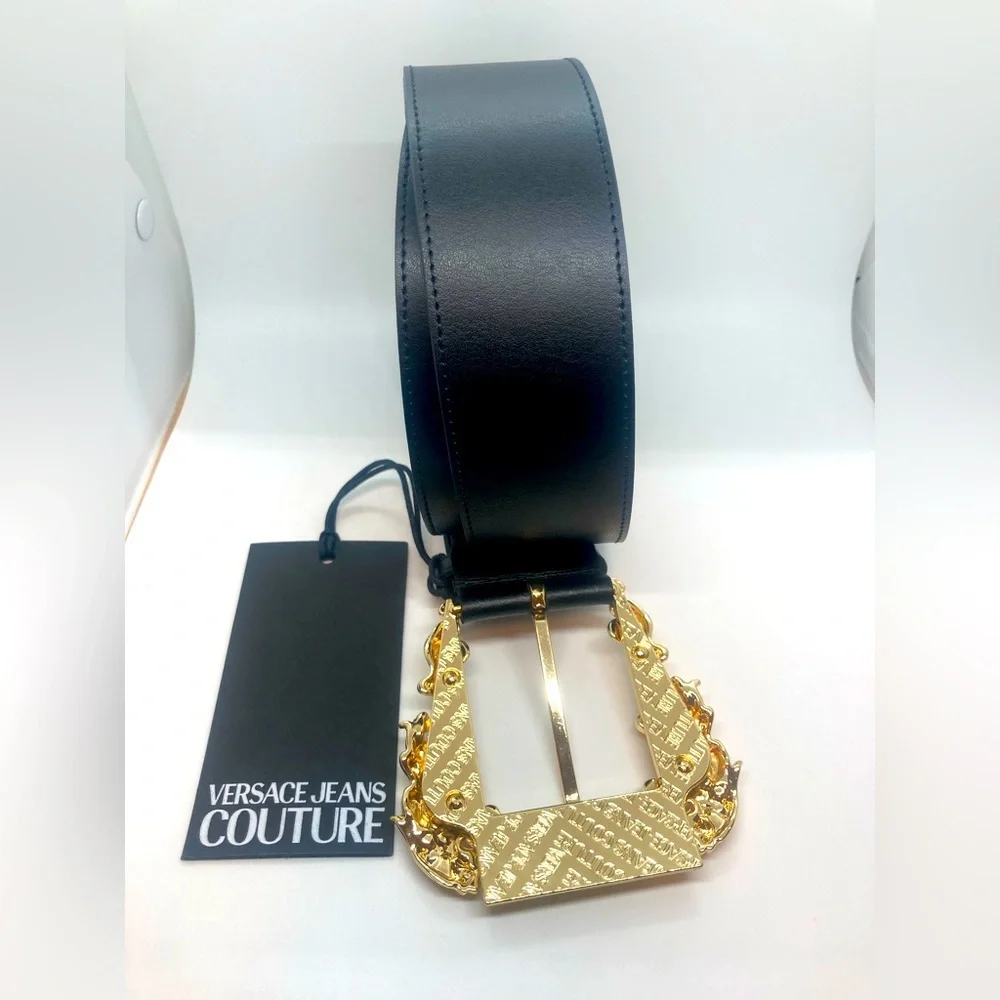 Versace Jeans Couture Gold Tone Metal & Black Leather Wide Belt | Sz 85 / 33.46” - Picture 2 of 16